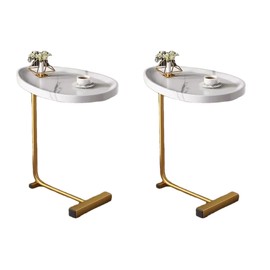 FocusOnHome C-Shaped End Table, Small Side Table for Couch, Sofa Table with Metal Frame TV Tray Table for Living Room, Bedroom, Bedside, White, 2-Pieces