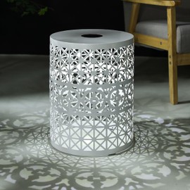 Christopher Knight Home Outdoor Side Table with Solar Powered Light,Lace Cut Iron Side Table,Round Patio Garden Stool,Metal Decorative Garden Stool for Patio or Balcony,White