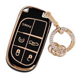 for Dodge Challenger Key Fob Cover - 3 4 5 Buttons Soft TPU Key Fob Protector for Durango Charger Jeep Grand Cherokee Renegade Compass Comander Smart Key Case with Bling Keychain, Black
