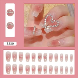 VOTACOS Valentine's Day Press on Nails Long Coffin Fake Nails Pink False Nails with Ombre Heart Design Glossy Stick on Nails for Women 455