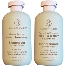 Kit Anticaída y Reparación Capilar con Romero, Sábila y Argán – Shampoo para Fortalecer Cabello Débil y Reducir la Caída + Acondicionador Reparador Anti Frizz para Cabello Seco y Maltratado – Hombre y Mujer Pocket care