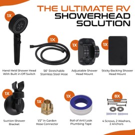 RV Outdoor Shower Head Kit with Garden Hose Fitting and Suction Cup - RV Outside Shower - Easily Installed and Removed On Outside of Camper (RV Shower Head Kit with on/off switch, Black)