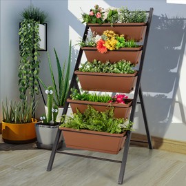 Giantex Set of 2 Vertical Planter Raised Bed, Elevated Garden Beds with Water Drainage Hole, Freestanding 5 Container Boxes for Herb Vegetables Flowers Growing, Outdoor Indoor Patio Balcony