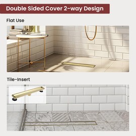 muschbath 32 Inch Linear Shower Drain, Brushed Gold Shower Drain, Flat and Tile-in Grate, 304 Stainless Steel, Easy to Install and Clean for Bathrooms (Drain Base Not Included), LSD-02A-32G