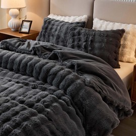 Queen Faux Rabbit Fur Comforter Set - 3 Pieces Fluffy Bedding Set Ultra Soft Warm Shaggy Winter Flannel Bed Set, Luxury Skin Friendly Sherpa Comforter Set & 2 Pillow Shams for Thanksgiving Dark Gray
