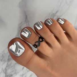 KQueenest Chrome Silver Press On Toe Nails Short Square Metallic Effect Acrylic Artificial Toenails Glitter Bling Full Cover Foot Press on Nails for Women, Pack of 24