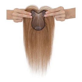 TESSHAIR Human Hair topper for Women, 3D Cover Clip in Bangs, Hair Toppers with Wispy Bangs,11 inch #06 Light Brown