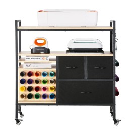 Rolling Craft Cart Storage Table with 20 Storage Bins & 3 Drawers Cricut Machine Compatible Crafting Organization WorkstationNumber Of Canvas Drawers: 3 Drawers, Round Storage Bin: 20 Storage Bins