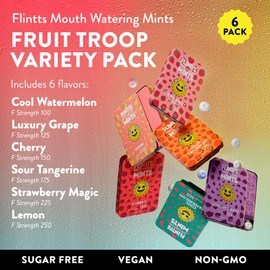 Flintts Mints Fruit Troop (Cool Watermelon, Luxury Grape, Cherry, Sour Tangerine, Strawberry Magic, Lemon) - Sugar Free Mints - Breath Mints Pocket Size - Mouth Watering Mints for Oral Health