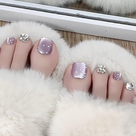 ALLEVG Nail Tips, Light Purple, Foot Nail Tips, 24 Pieces, 3D Diamond, Foot Nails, Magnetic Nail Tips, For Summer, Flesh Nails, Weddings, Coming-of-Age Ceremonies, Cute, Popular, Simple, Reusable