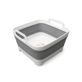 Collapsible Dish Basin - 2.4 Gal (9L) with Drain Plug – Foldable Multiuse Sink Tub for Kitchen, Camping, RV, Dishwashing & Vegetable Washing (Gray)