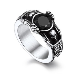 Bandmax Stainless Steel Skull Cubic Zirconia Ring for Men Women Gothic Skeleton Holding Black Onyx Statement Ring Size 11 Punk Skull Jewelry Gift