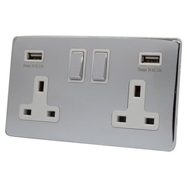 Discount Electrix USB 2 Gang Plug Socket Polished Chrome Screwless Flat Plate Design with White Insert