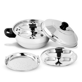 KSJONE Stainless Steel 4 pcs Multi Kadai (Induction Friendly) Idli Cooker with Stainless Steel lid, 2 idli Plates (8 Idlis), 1 patra Plate, Silver