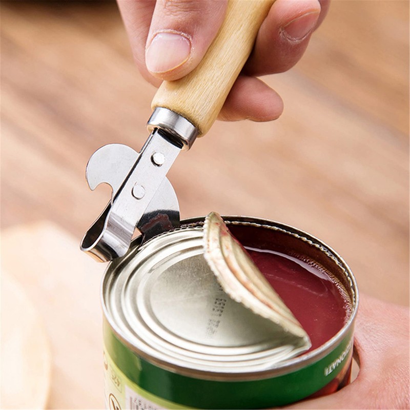 Manual Can Opener with Wooden Handle Stainless Steel Convenient and