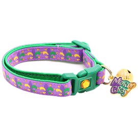 Mardi Gras Collar para gato con campana, seguridad Breakaway| tamaño grande ajustable o collar de gatito (flor de LYS en púrpura, L (10 libras en adelante))