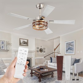 Fanbulous Farmhouse Ceiling Fans with Light, 48 Inch Bedroom Ceiling Fan with Lights, 6-Speed Adjustable, Quiet and Reversible DC Motor, 5 Dual Finish Blades, Rustic Caged Ceiling Fan，Brushed Nickel