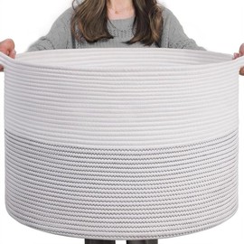 Woven Rope Basket with Handle Organiser, XXXLarge, Cotton For  Laundry, Blanket, Comforter Cushions Storage Bin Thread Laundry Hamper - Color: White