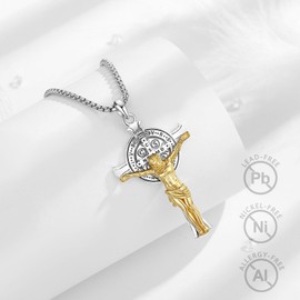 Vito 925 Sterling Silver Saint Benedict Crucifix Necklace for Women Men, 18K Gold Plated Jesus Cross Pendant Saint Benedict Crufix Christianity Protection Amulet Jewelry Gift for Son Father, 22"