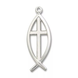 bliss Large Sterling Silver Fish Jesus Cross Christian Medal Pendant Necklace W/ Chain