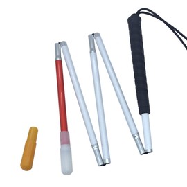 Blind White Cane Folding 5-Tier Aluminum, Cap (2 Pieces) (Black Rubber Grip, 43.3 inches)