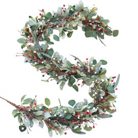 TEMPUS 4th of July Independence Day Lambs Leaves Berries Garland 70 inch Artificial Eucalyptus Garland for Front Door，Memorial Day Flag Day Arch Backdrop Table Farmhouse Decor