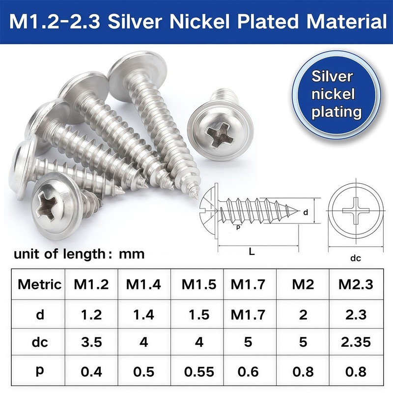 Zmbroll 1200Pcs Silver Phillips Truss Head Self-Tapping Screws M1.2/1.4/1.5/1.7/2/2.3 Wafer
