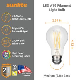 Sunlite A19 LED Bulb 60w LED Light Bulbs - 12 Pack LED Light Bulb - Dimmable LED Light Bulbs 60 Watt Equivalent - Energy Efficient 7.6W - Dimmable Light Bulbs 60 Watt Soft White 800 Lumens 2700k