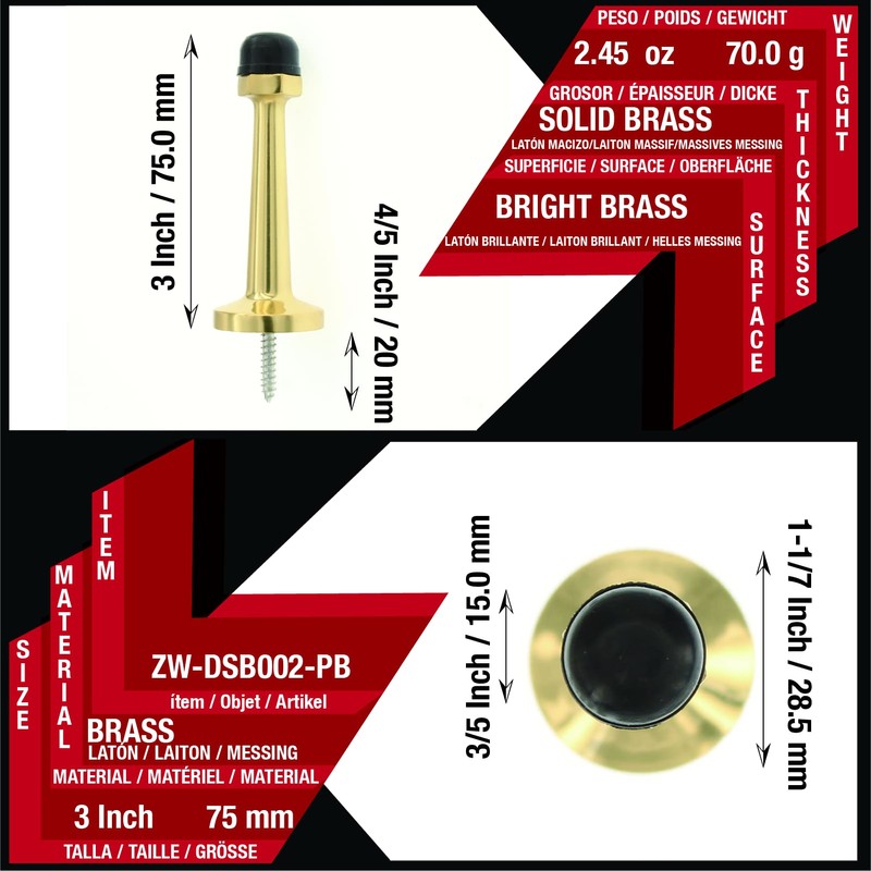 ZhongWang Hardware DSB002 Brass Bright Brass Door Stop/Tope de puerta
