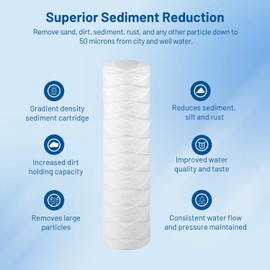 Whole House 50 Micron 10" x 2.5" String Wound Sediment Well Water Filter Cartridge Replacement for CW-50, 155214-52, W50W, SWC-25-1050, SP-CW50, WPP-F10-50, SF50-978, FXWSC, AO-WH-PRE-R2 (Pack of 6)