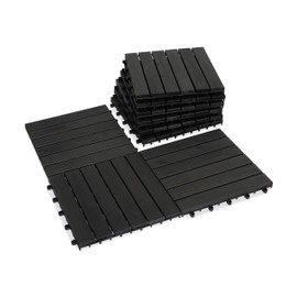 VICTORY RELAX Acacia Wood Patio Deck Tiles - 9 Pcs 6 Slats Interlocking Decking Tiles for Patio Decor, Waterproof Indoor & Outdoor Use, Balcony Garden Decking Tile (12.24 * 12.24 * 0.75 inches) Black