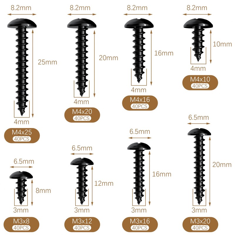 320 PCS M3 M4 Black Round Head Self Tapping Screws
