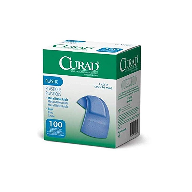 Curad Blue Flex-Fabric Adhesive Bandage, Metal-Detectable, 1" x 3" Size,
