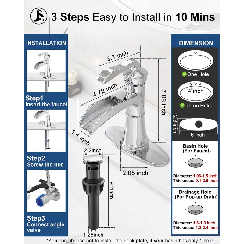 HEYMYTAP Brass Chrome Bathroom Faucet Single Handle, Bathroom Faucets One