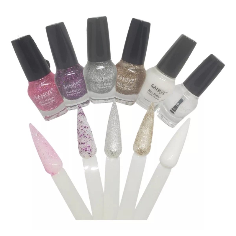 Saniye Barniz Esmalte De Uñas Glitter, Blanco, Brillo, Transparente