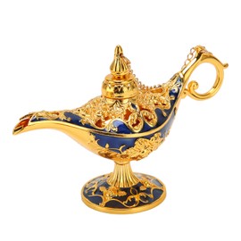 Genie Lamp Vintage Decoration Collectable Rare Small Zinc Alloy Legend Genie Light Gold Sapphire Blue
