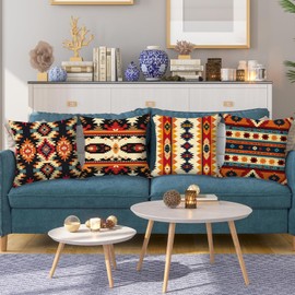 HOSTECCO Tribal Cushion Covers 45x45 cm Set of 4 Aztec Ethnic Cushion Cases Western Decorative Pillow Covers for Sofa Couch
