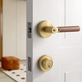 YAGU Wooden Round Entry Lever Door Handle and Single Cylinder Deadbolt Locking Lever Handle Set Pack of 1 [Front Door or Office] Right & Left Sided Doors Heavy Duty – Satin Brass Finish