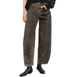Mid Rise Leopard Print Barrel Jeans for Women Stylish Boyfriend Wide Leg Baggy Denim Pants Trendy Printed Pants (Dark Leopard,Small,Small)