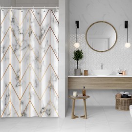 Hnmdmyi Shower Curtain Marble Look 90 x 180 cm, Grey and White Shower Curtains Gold Geometric Line Abstract Modern Luxury Art Bath Curtain Waterproof Polyester Fabric Washable Bath Curtain with Hooks