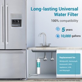 AQUACREST In-Line Water Filter for Refrigerator and Ice Maker, 5 years or 10,000 Gallons High Capacity, 1/4-Inch Direct Connect Fittings, Reduces Chlorine, Bad Taste & Odor