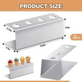 FillTouch 2 Pcs Ice Cream Cone Holder Stainless Steel Waffle Cone Holder with 4 Holes 10.6 x 3.7 x 3.5 Inches Cupcake Sugar Cone Holder Stand Rack Display Cotton Candy Holder for Party Buffets
