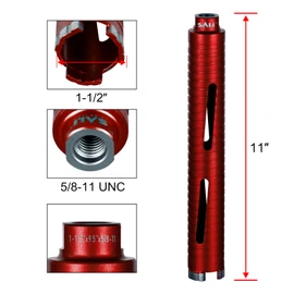 SALI Diamond Core Drill Bits 1 1/2" Diameter 10"/254mm Drilling Depth 5/8-11" Thread Core Bit Turbo Laser-Welded Segments for Cured Concrete with Rebar Brick Block Masonry Stone with Two Adapters（Red）