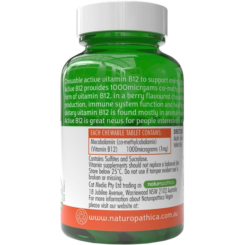 Naturopathica Vegan Active B12 – 60 Chewable Tablets