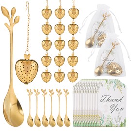 50 Sets Bridal Shower Tea Party Favor for Heart Shape Infuser Ball for Loose Guest Leaf Tea Spoon with Thank You Card Organza Bag Wedding Favors Tea Party Decorations Elegant Party Favors(Gold)