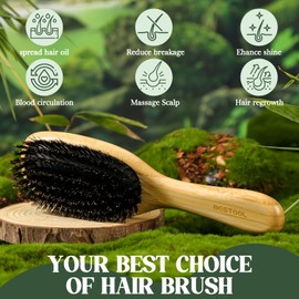 BESTOOL Hair Brush,Bamboo Handle Boar Bristle Hair Brush with Air Cushion Best for Detangling Smoothing and Massaging Improve Hair Texture & Regrowth Curly Hair brush for Women Men and Kids Wet or Dry