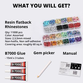 b7000 Glue with 11000Pcs Multicolored Rhinestones Flatback for Crafts Clothes Fabric Crafting Tumblers, Bedazzler Kit with Multi Colorful Gems Rainbow Flat Back Crystal 2,3,5mm Assorted Colored