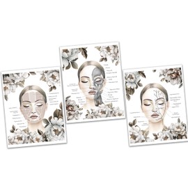 Gnosis Picture Archive Facial Anatomy With Peony Flowers Set of 3 Unframed Art Prints Med spa Esthetician Gift Wall Decor, Beige, white