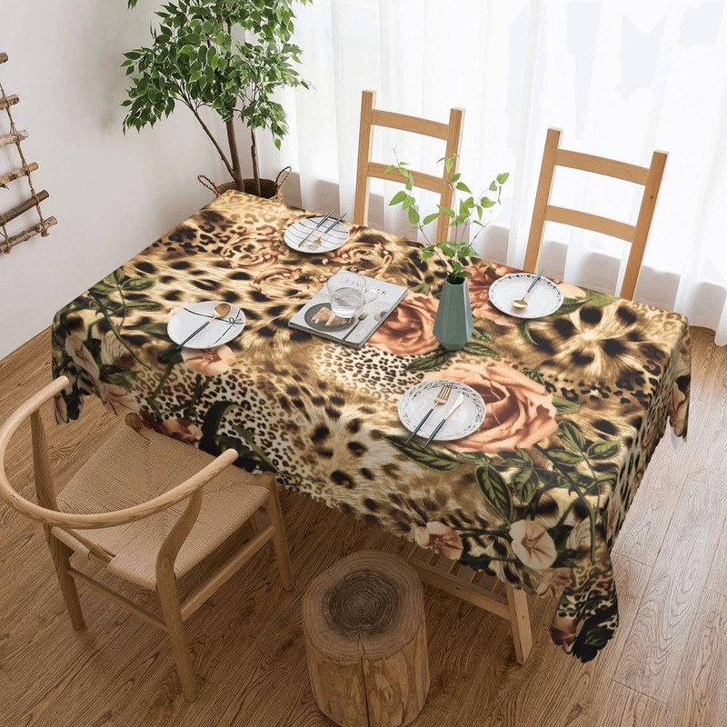 LORCARVIS Leopard Floral Tablecloths Leopard Rose Polyester Rectangle Table Cloth