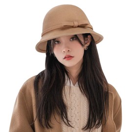 ITODA Women Winter Bowler Hats Ladies Wool Cloche Hat Vintage Party Bucket hat Round Elegant Knitted Cap with Bow Foldable Brim Cap Soft Crushable SIGGI Plush Church Cap for Grils Brown